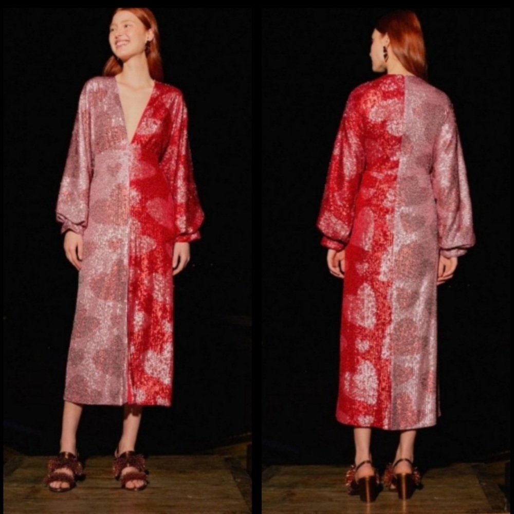 FARM RIO Dress L Midi Heart Sequins Red Pink Plunge Baloon Sleeve Slit Party
